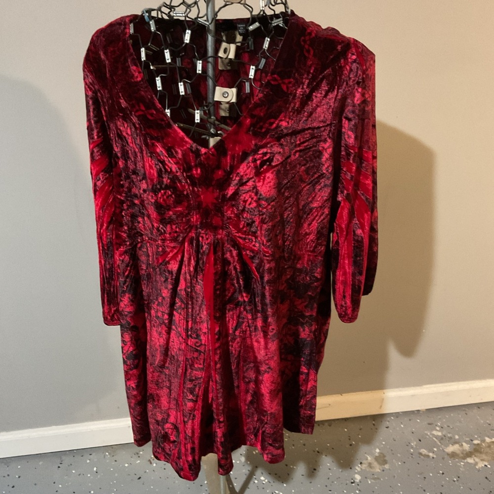 Apt 9 Red Black Crushed Velvet Burnout Tunic Top V-Neck Empire Waist Womens 2X